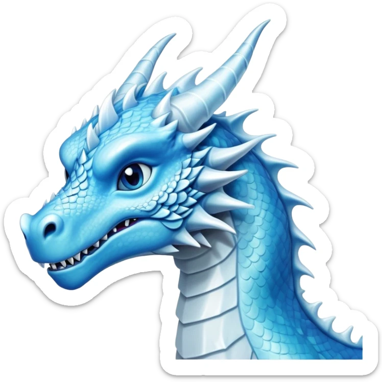Cinematic Noble elegant Ice Dragon Portrait Emoji, Poised and imposing, distinct long elegant snout, with a slender, scaled body shimmering in glacial hues of icy blue, frostbitten silver, and crystalline white, breathing out frost, with piercing, glowing eyes that radiate the chilling depths of an arctic storm; rendered in detail. sticker