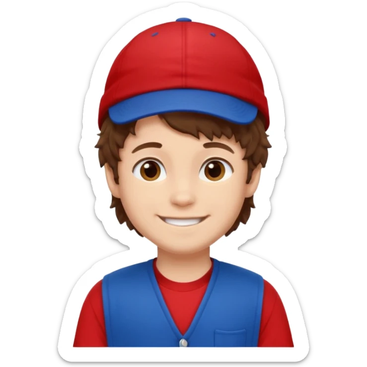 brown fluffy hair kid with blue and white cap dark blue jilet red t shirt sticker