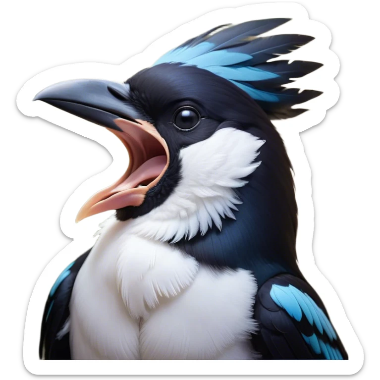 Cinematic Cute Yawning Magpie Portrait Emoji, Head tilted slightly with a dramatic, wide-open yawn, showcasing a sleek, contrasting feathered form with softly drooping wings and sleepy, half-closed eyes, Simplified yet irresistibly adorable features, highly detailed, glowing with a soft, cozy urban glow, high shine, relaxed yet expressive, stylized with a dash of whimsical charm, soft glowing outline, capturing the essence of a drowsy yet affectionate magpie that appears ready to stretch out for a nap! sticker