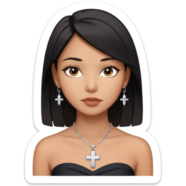 Tan skin, straight black medium hair, almond dark brown eyes, full lips, soft jawline, wearing a silver cross necklace and dark strapless top, calm confident expression sticker