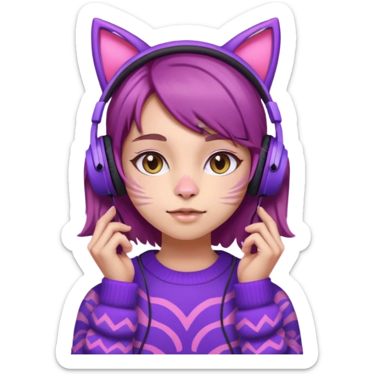 une fille avec des écouteurs de chat rose et des cheveux brun qui est crazy  chandaille mauve  sticker