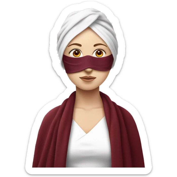 realistic white-skinned girl with a burgundy towel on her head and a white mask on her face sticker