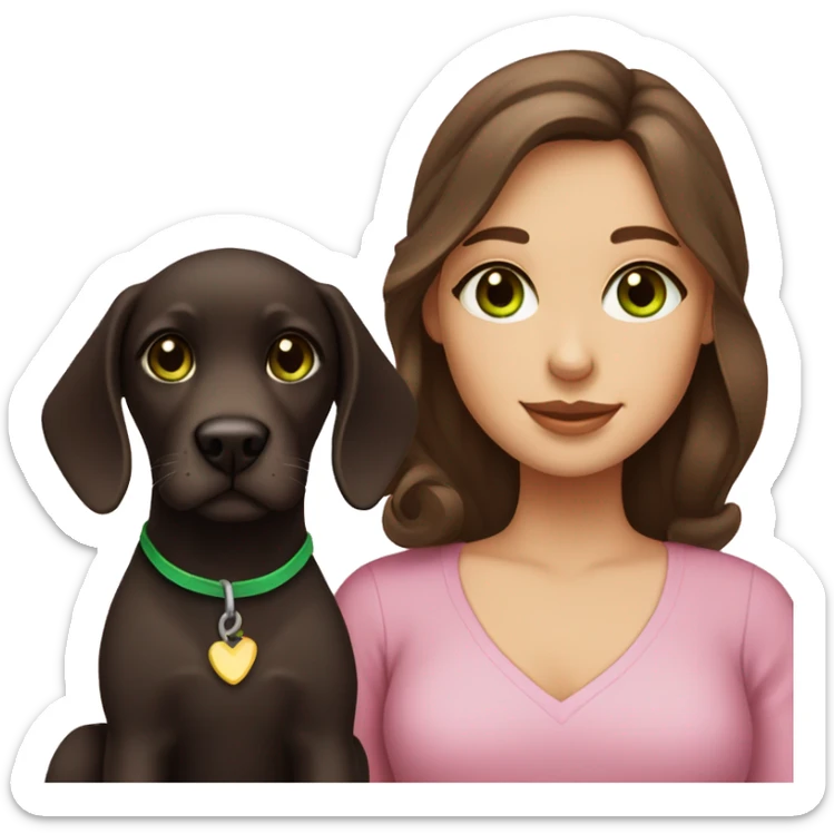 Girl with wavy dark brown hair, fair skin and green eyes with a labrador puppy sticker