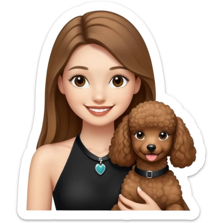 a girl with long straight balayage hair, long lashes, smiling, wearing black halterneck top, and holding a brown poodle sticker