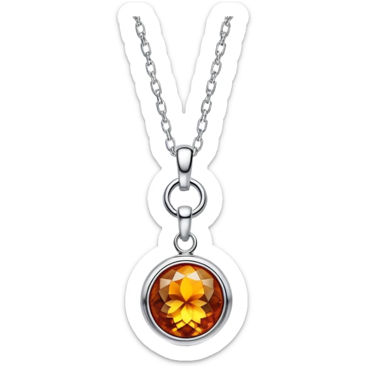 extreme close up of a round cut holographic amber charm with silver metal accent and simple chain sticker
