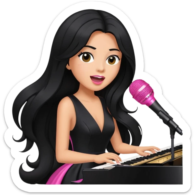 pink microphone, music, singing, playing piano, long black hair tanned woman, black glam dress sticker