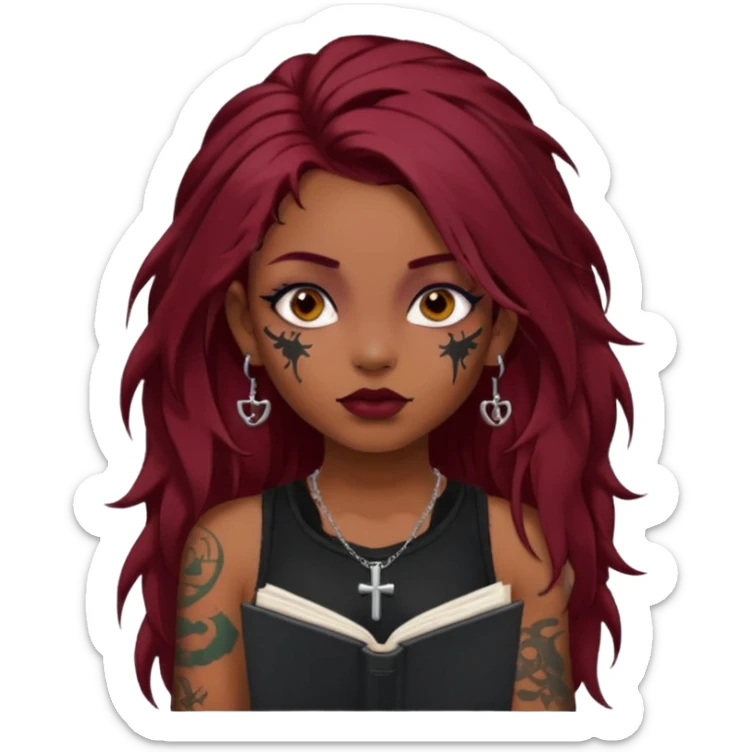 generate an ios genmoji of a dusky girl with long dark red messy hair with eyeliner on her eyes. septum piercing, wearing a cami black top, has tattoos, on shoulders. ear piercings. wearing a cross silver necklace. carrying a lot of sketchbooks


no tattoos on face sticker