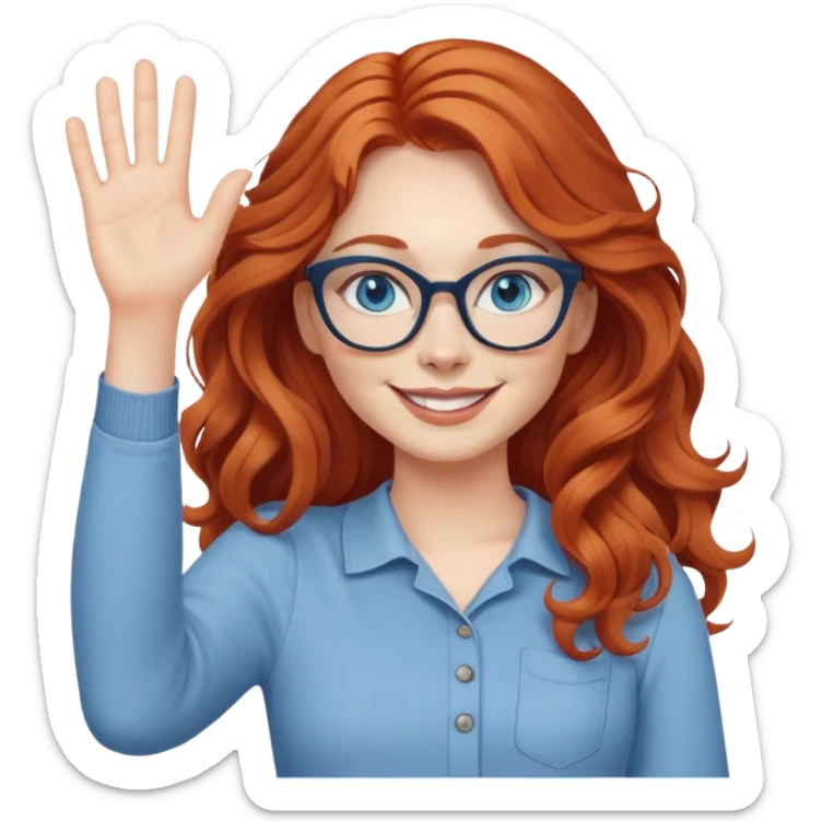 redheaded woman with long wavy hair, blue eyes, cat-eye glasses, casual outfit, smiling, waving sticker