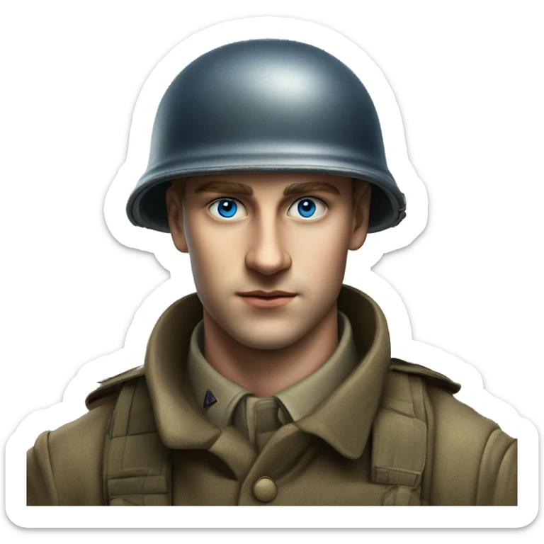 blue eyed  guy 28 years old german soldier in helmet 1940 photorealistic serious sticker