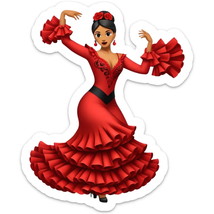 Cinematic Realistic Flamenco Dance Emoji, depicted as a passionate expressive flamenco performance with dramatic costumes and dynamic fiery movements, rendered with vibrant textures and bold energetic lighting that captures its intense rhythm. sticker
