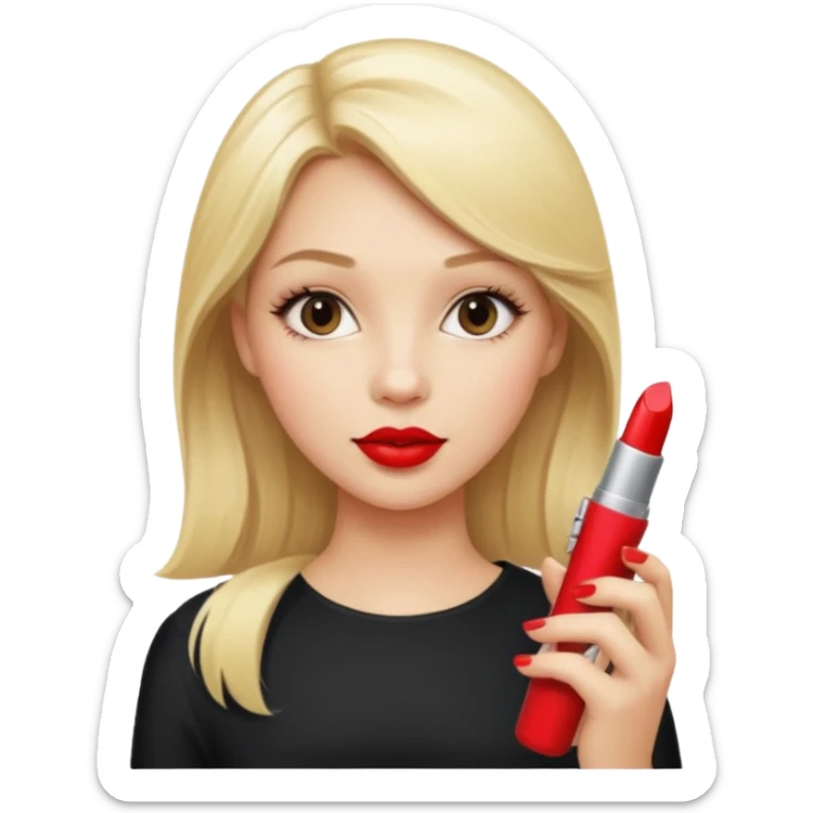 a girl with blonde hair is holding lipstick on her hand sticker