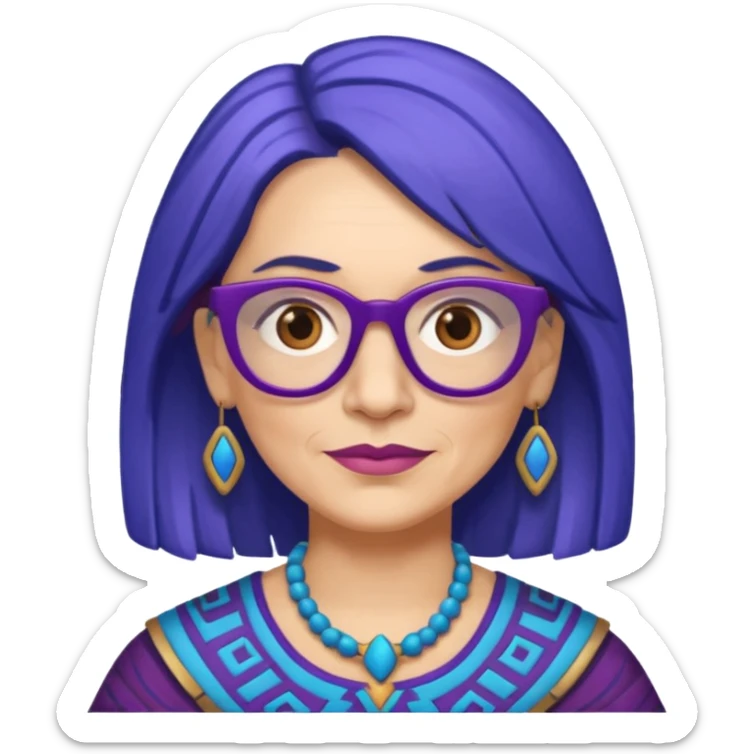 50-year-old woman with purple glasses, brown eyes, and Aztec blue shoulder-length hair sticker