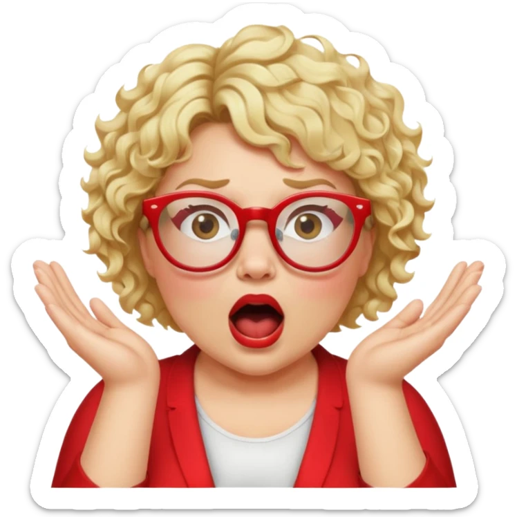 Blonde woman with short curly hair, slightly overweight, wearing glasses with red frames, shouting with hands on each side of her mouth sticker