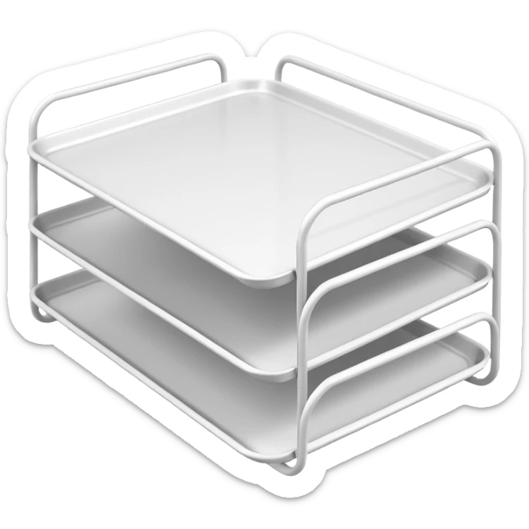 A minimal, clean emoji-style illustration of a white metal desk paper organizer tray, shown in slight isometric view so its structure is readable at a small scale. The organizer is rectangular with rounded corners, made of thin white metal wires, forming two to three stacked horizontal slots.
 sticker