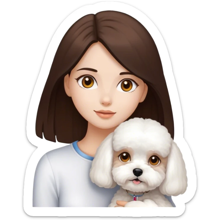 chica de piel clarita con pelo largo y moreno oscuro y liso con ojos marrones un poco color miel y muy mona con su perrito raza bichon maltes  sticker