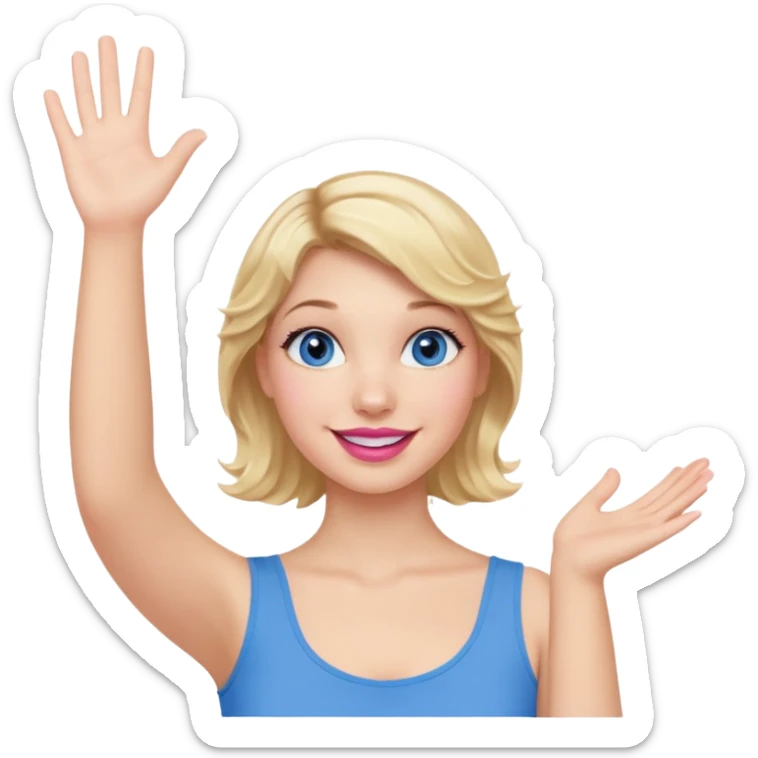 Girl Blonde short wavy hair,  blue eyes, cute blue top, long lashes, pink lips, smiling, hand in the air sticker