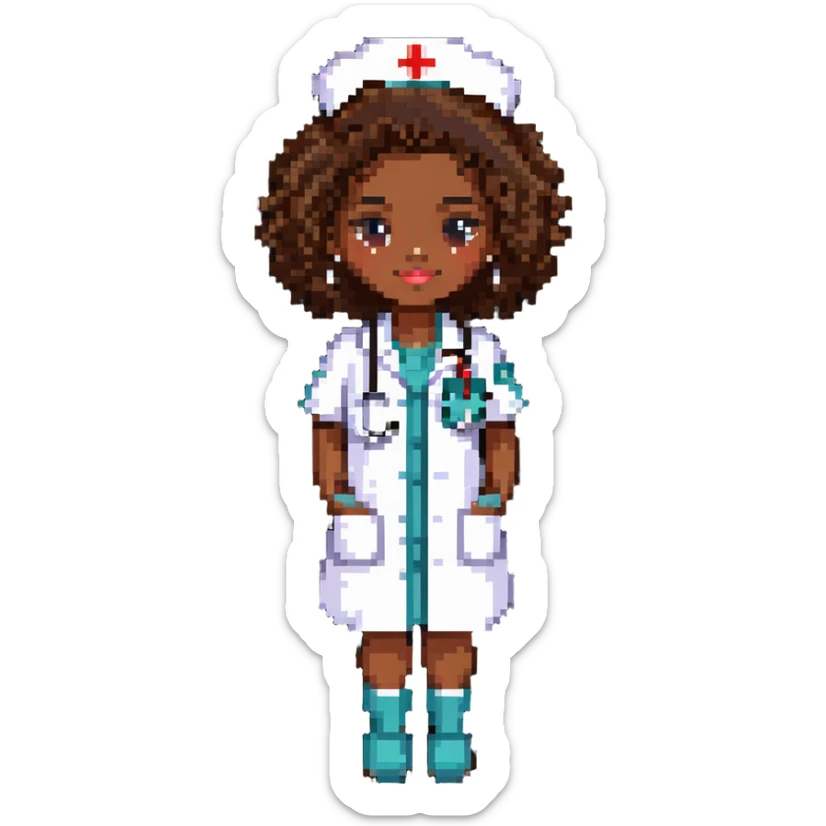 afro latina nurse with brown skin, curly hair, nurse outfit sticker