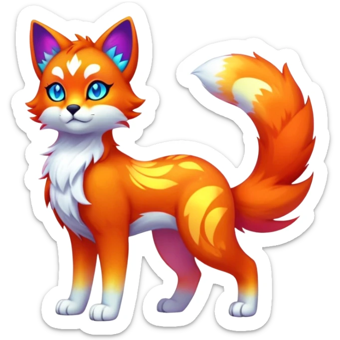 Vibrant multicolored neon-colored Falvie-Fionbri-creature-sparkle-feline-canine-hybrid-fursona, full body, fur pattern-markings sticker