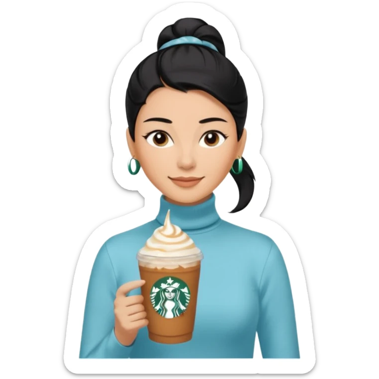  tan skin woman with long face, and very short black hair slicked back ponytail with forehead showing, wearing solid pastel blue turtleneck shirt, drinking starbucks caramel frappuccino, smiling with middle parted hair sticker