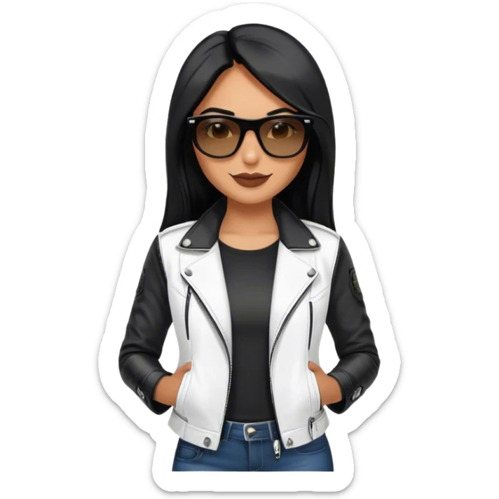 beautiful fit woman, with long straight black hair, with make up, black eye liner, smile mooth close, mexican, brown skin, wearing white tee, wearing leather black jacket, solar black wayfarer rayban sticker