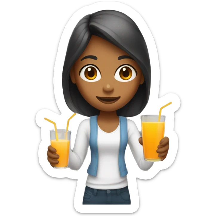 a girl holds a glass with orange juice in one hand and an apple juice in another hand sticker