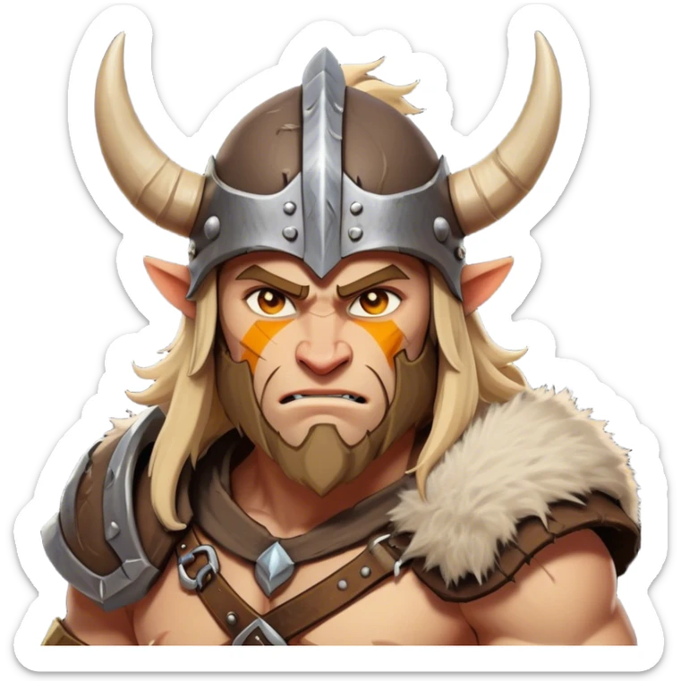 Cinematic Fierce Barbarian Portrait Emoji, Poised and bold with a rugged yet cartoonish build in tattered furs and a horned helmet, expressive bright eyes and a confident smirk, Simplified yet dynamic features, highly detailed, glowing with a vivid, adventurous aura, high shine, heroic and spirited, stylized with an air of medieval warrior charm, focused and energetic, soft glowing outline, capturing the essence of a fearless barbarian adventurer ready to lead his clan with spirited valor! sticker