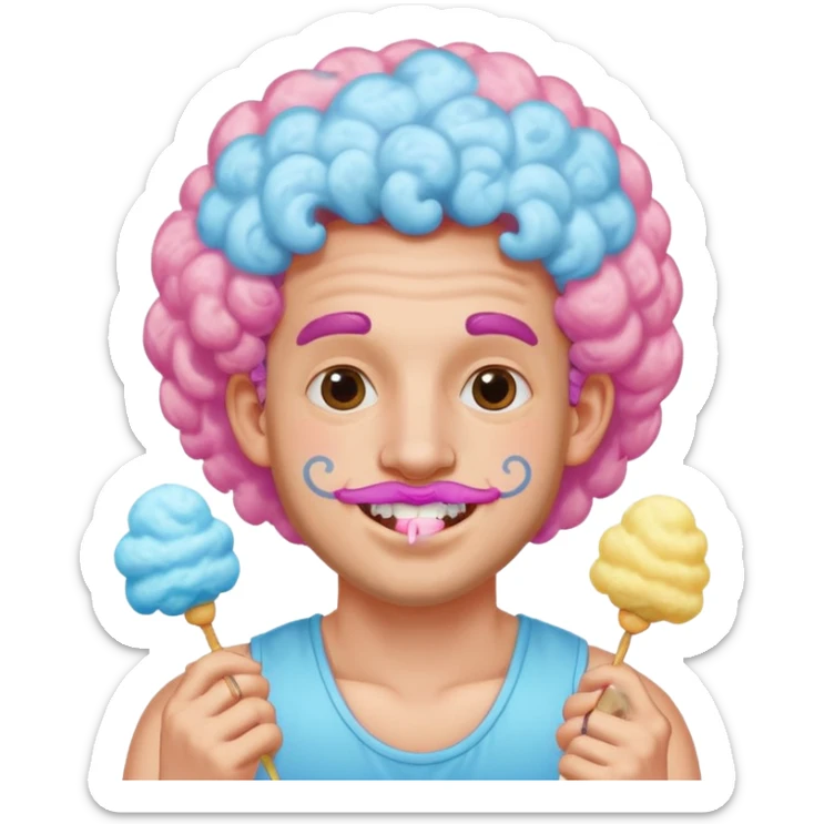 very cheerful colorful puffy curly haired man made out of cotton candy with braces and tattoos and just face  sticker