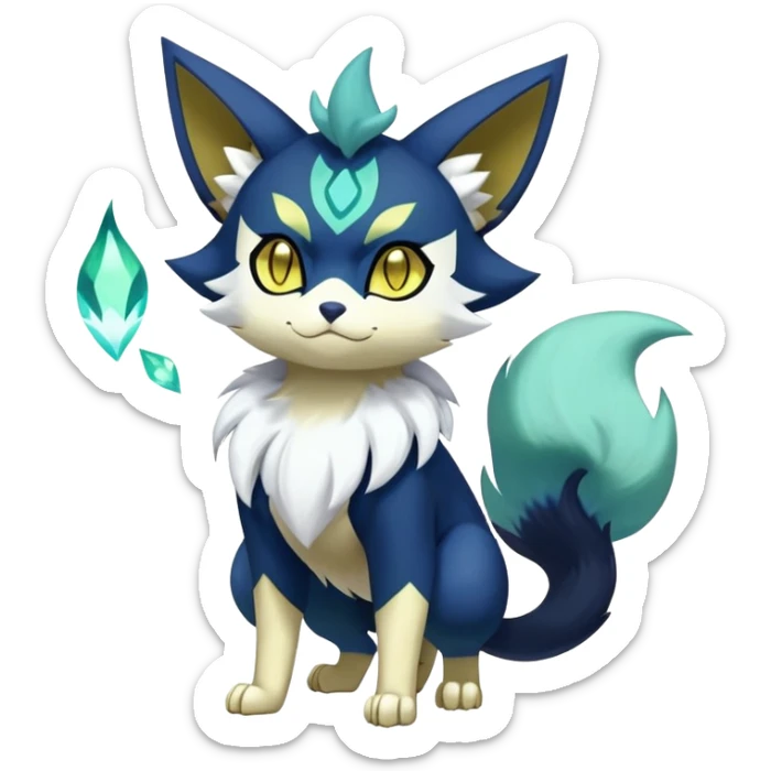 Shiny Greeb Exotic Badass Colorful Ethereal Royal Mysterious Gothic Meowstic-Zorua-Litten-Noibat-Pokémon-Fakémon-hybrid-creature (full body) with pattern-markings with golden eyes sticker