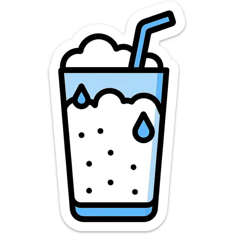 Ayran icon with extra detail, classic glass, white drink, blue and white color palette, visible foam, condensation, straw, color outline style sticker