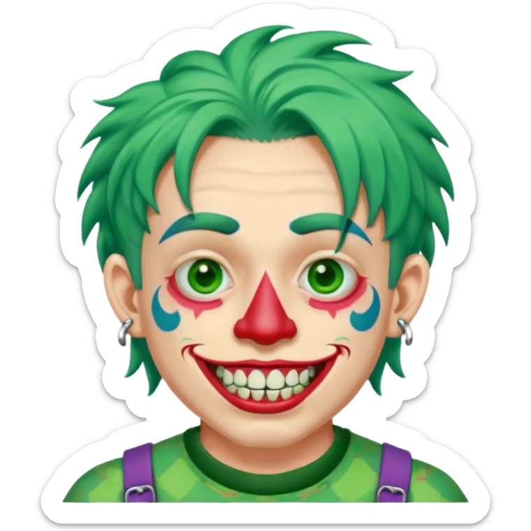 very colorful puffy green haired man made out of candy wearing teeth-braces and excessive face tattoos and excessive piercing just face  sticker