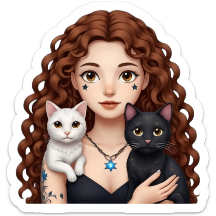woman with long curly brown hair, brown eyes, white skin, tattoos, black cat made of star constellations beside her sticker