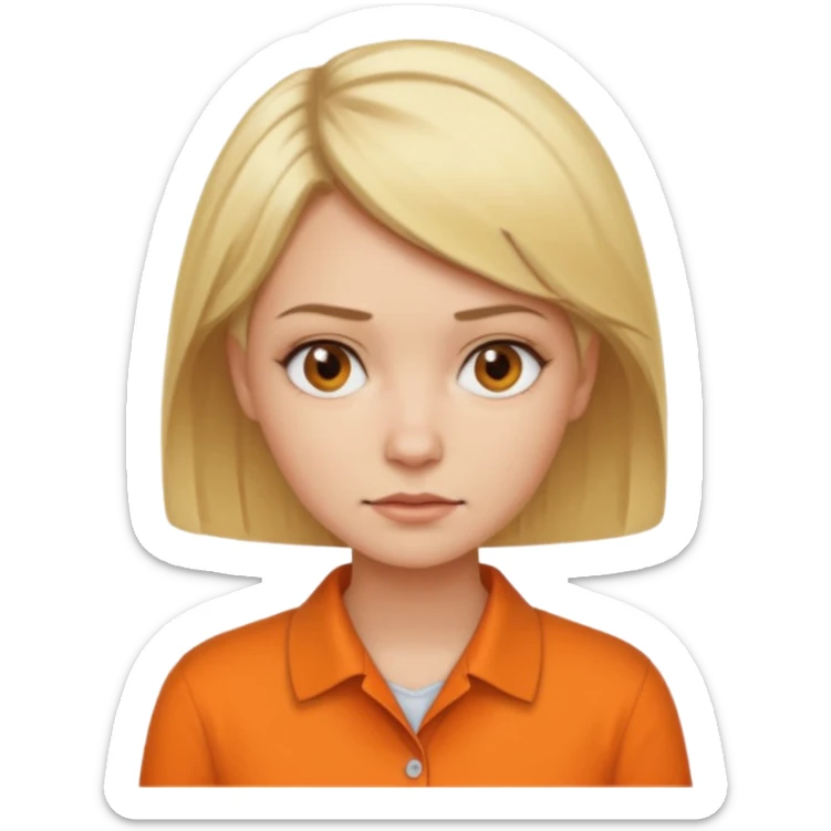 short blonde hair not smiling woman in orange collared shirt sticker