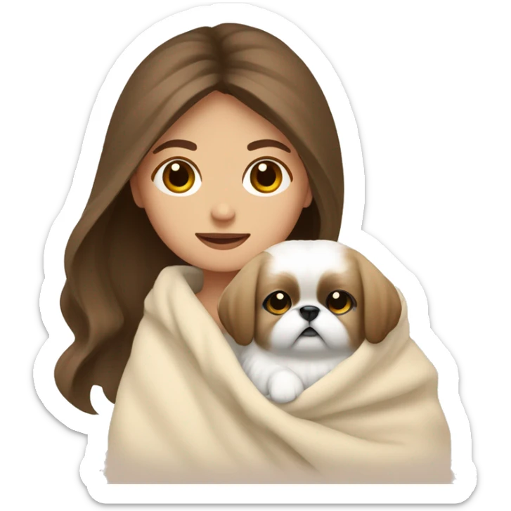 A Women with brown hair is cradling her white Pekingese in a beige blanket sticker