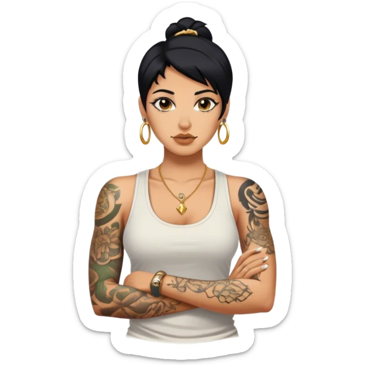 Tan skinned woman with arm tattoos, black hair nose piercing with a tank top and gold necklaces sticker