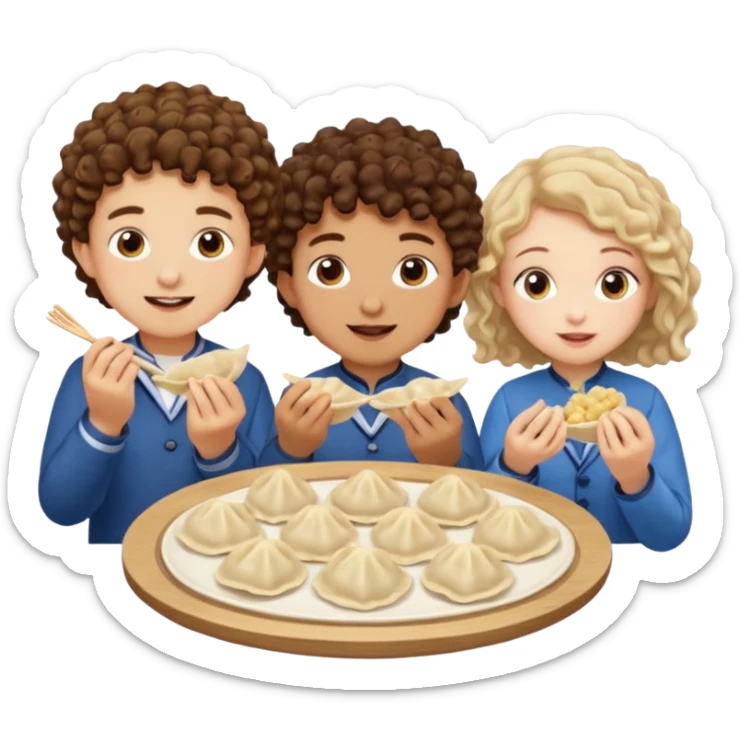 Can you create an emoji of three 23 year olds eating dumplings. One boy with brown curly hair one Jewish girl and one half Indian / half white girl.  sticker