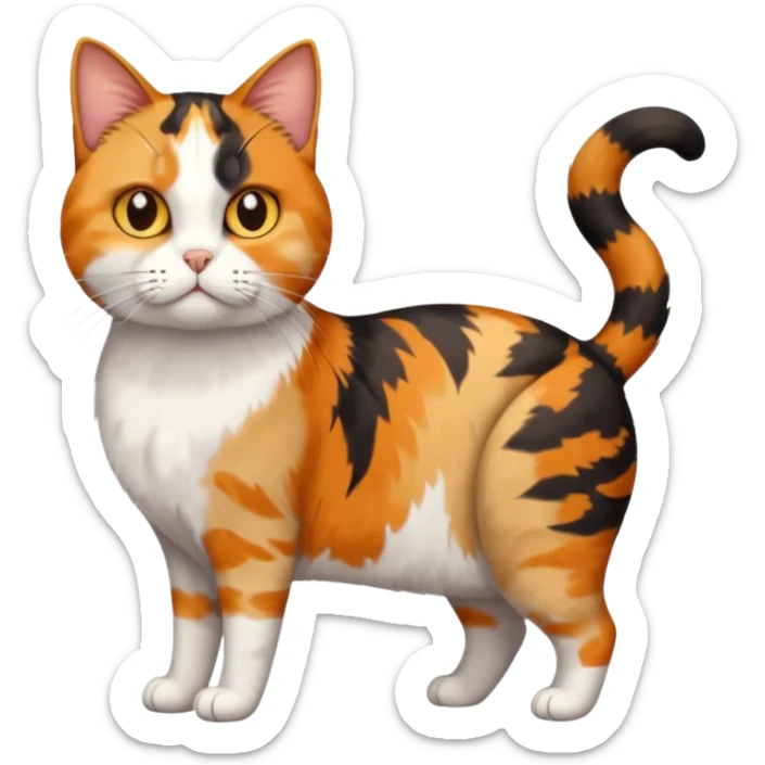 full body colourful calico tabby cat with skinny head and fat body with an anxious face sticker