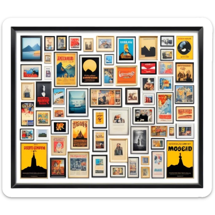 Icon for Photograph and Poster Collecting: a collection of photographs and movie posters, neatly displayed on a wall or in frames. The icon should evoke the nostalgia and artistic value of collecting rare images and posters. Transparent background. sticker