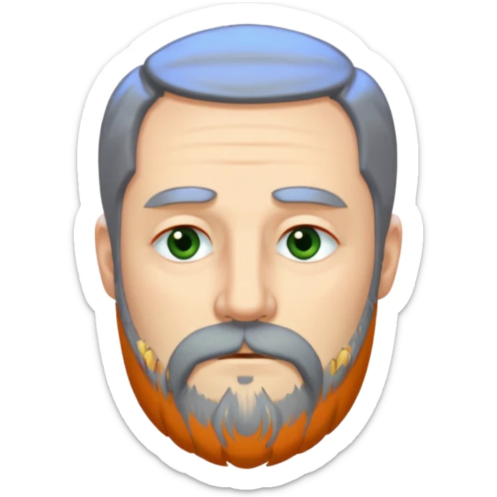 Greenish grey eyed adult man with tired look, half closed eyes. He has a very long beard hanging. Pale skin. He's serious and looks tired. Make sure his hair and beard are both dark gray. sticker