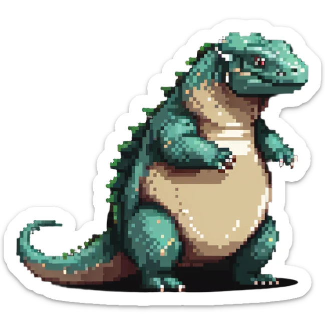 A pixelated fat komodo dragon with a big round belly, mid-hiccup with its body slightly jumping sticker