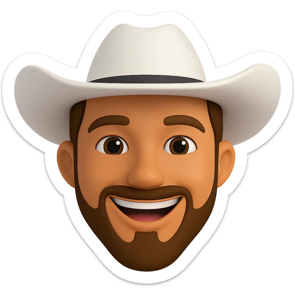 Edit the image to depict a man with a brunette goatee, tanned skin, wearing a white cowboy hat, smiling, in the style of 3D emoji. Remove the background completely. sticker