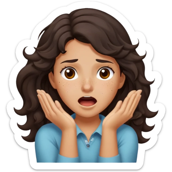 girl very dark brown wavy hair freckles tan skin color brown eyes crossing arms holding neck screaming sticker