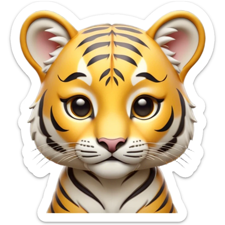 Cinematic Noble Tiger Cub Portrait Emoji, Poised with a hint of regal innocence, featuring a compact, soft build adorned with delicate stripes and large, expressive eyes, Simplified yet sharp and sophisticated features, highly detailed, glowing with a gentle, wild luminescence, high shine, intelligent and endearing, stylized with an air of youthful authority, focused and attentive, soft glowing outline, capturing the essence of a tiny jungle guardian that appears ready to pounce out of the screen with effortless charm! sticker