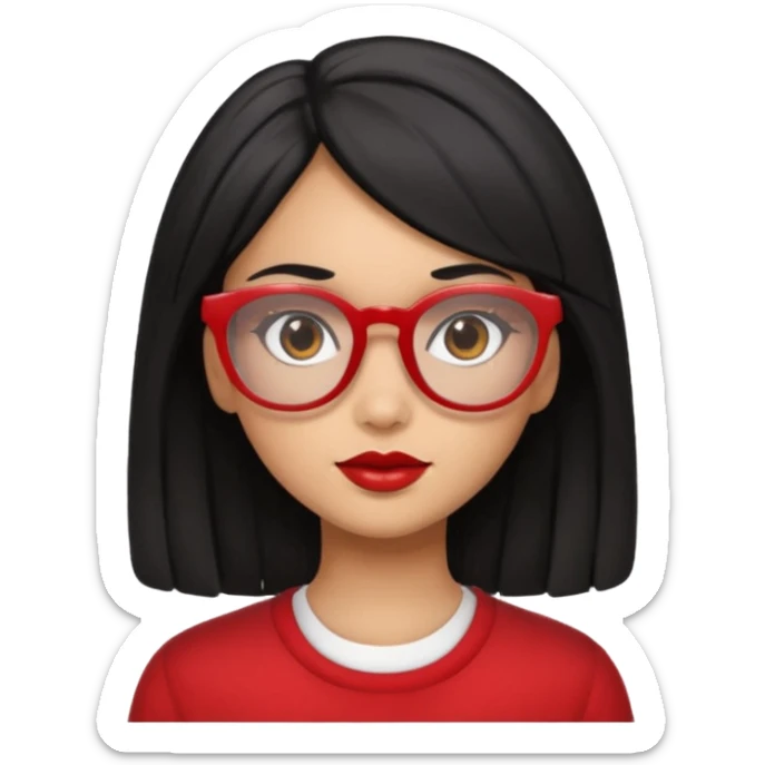 Morena girl with black hair in a pencil that creates a hun hairstyle. She has red glasses sticker