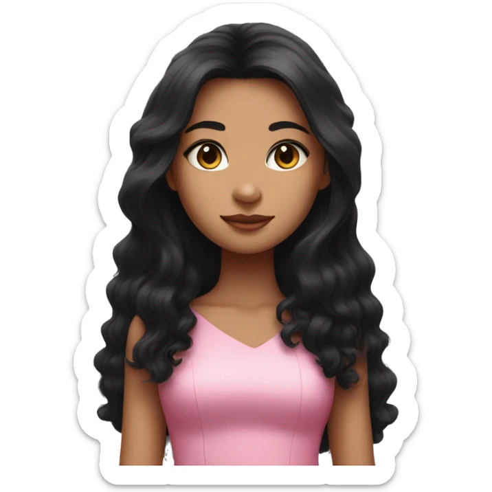 girl with long black hair in a pink dress with a black fluffy big cat sticker