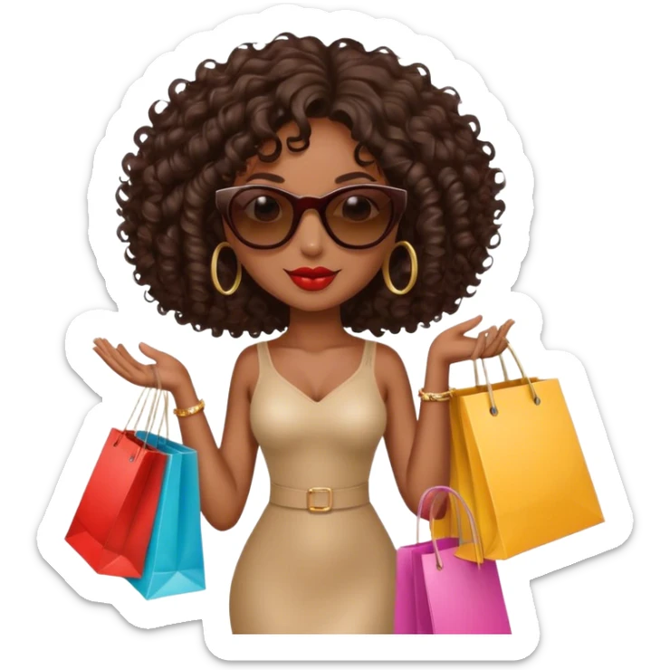 Rich dark brown girl with dark brown mid-length curly hair expensive retail shopping bags and sunglasses sticker