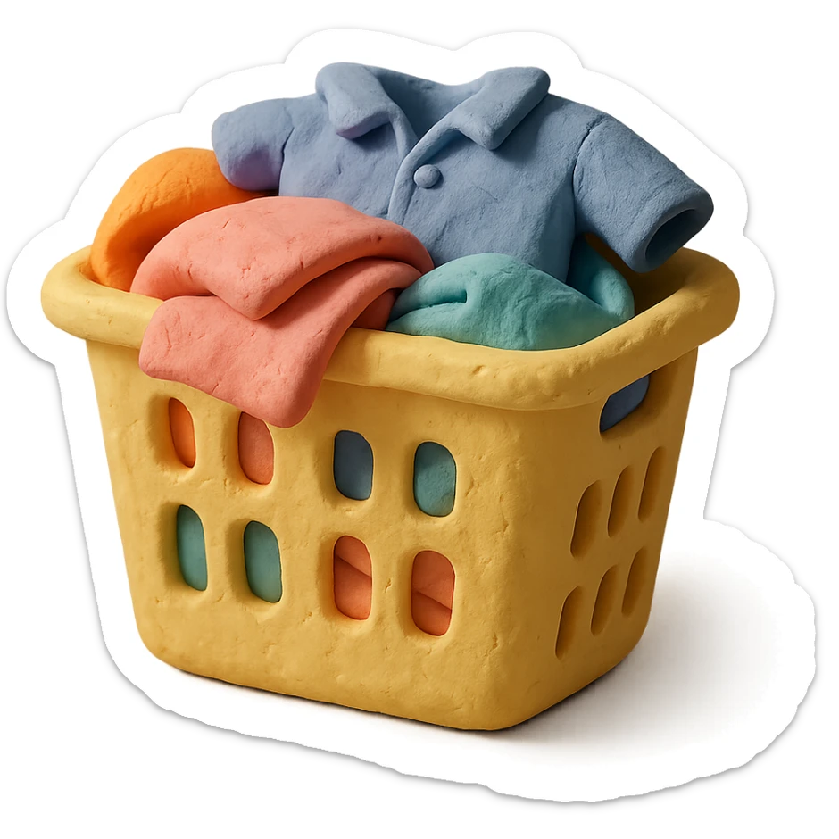laundry basket with towels and shirts peeking out, pastel colors, claymation style sticker