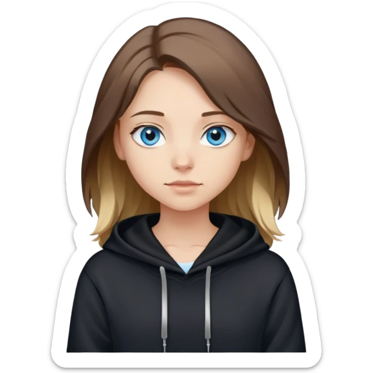 girl with blue eyes, shoulder-length brown hair with light blonde streaks, wearing a black hoodie sticker
