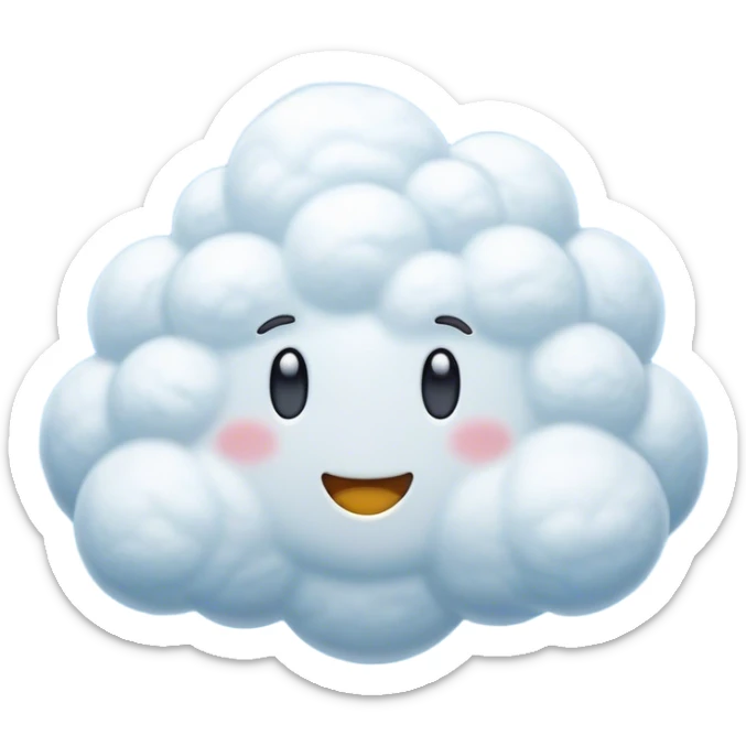 Cinematic Realistic Cumulus Emoji, Big and puffy, with cotton-like clouds floating in the clear blue sky. The rounded tops of the clouds glow with the light of the sun, while their soft, white texture adds a sense of calm and spaciousness. Soft glowing outline, capturing the essence of warmth, comfort, and peaceful skies in a perfect cumulus cloud! sticker