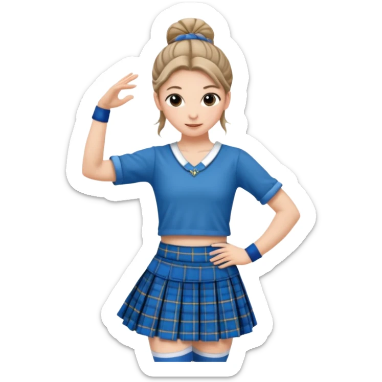 Female highland dancer with hair in bun wearing blue plaid kilt and dancing sticker