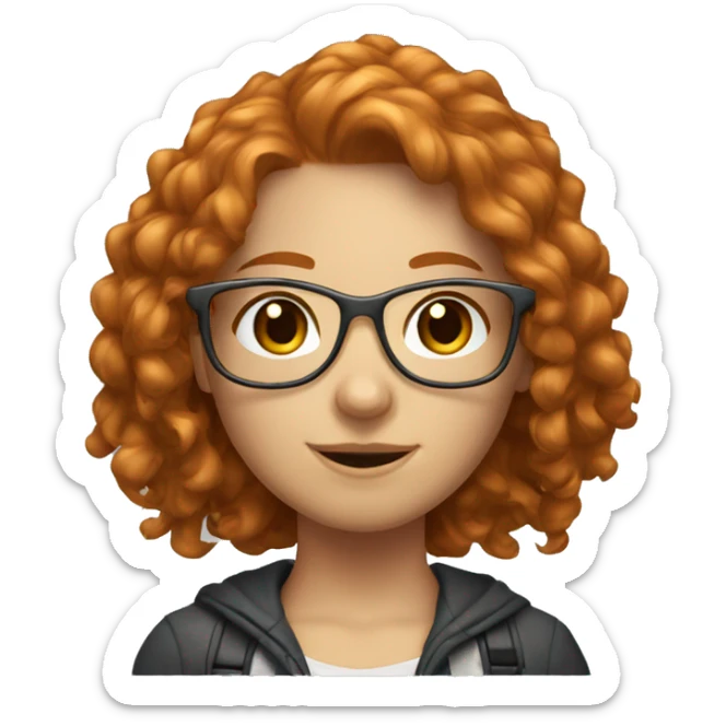 ginger gamer girl with long curly hair, brown eyes, thin metal glasses sticker